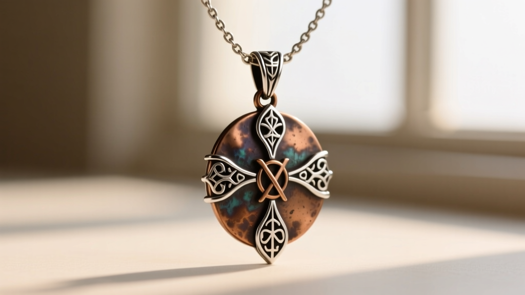 Macro shot of a mixed-metal Waxing Poetic necklace pendant featuring oxidized bronze and brushed sterling silver talisman details