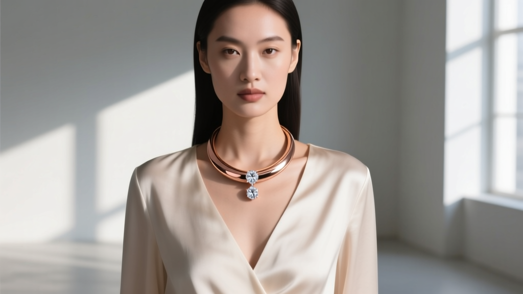 Model wearing rose gold torc necklace with diamond terminal, styled with deep V-neck silk blouse in soft natural window light