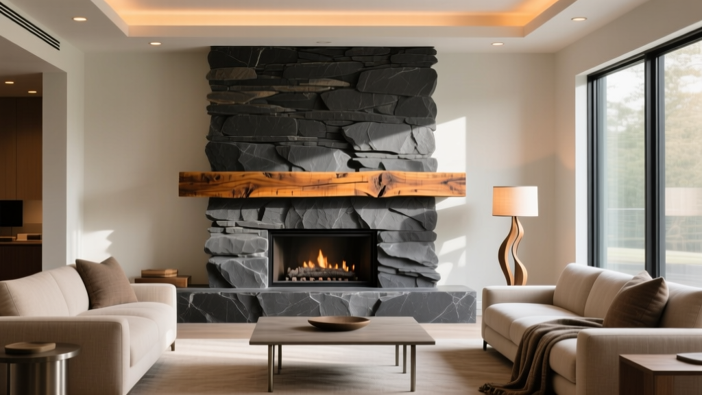 Modern living room featuring a charcoal ledgestone faux stone veneer fireplace with a thick reclaimed wood mantel and warm ambient lighting