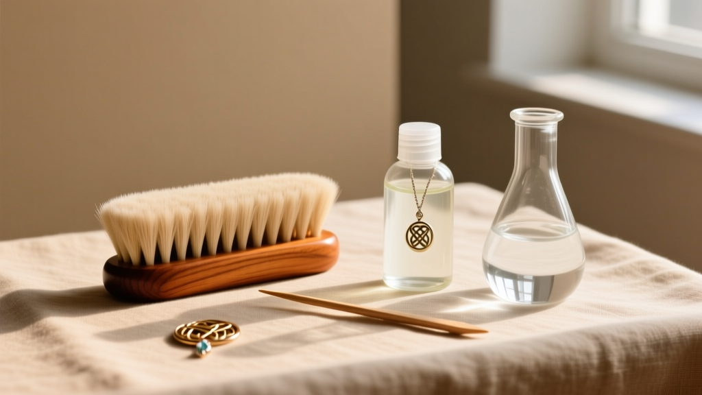 Flat lay of Celtic jewelry cleaning tools including a soft sable brush, wooden toothpick, mild dish soap, and distilled water.