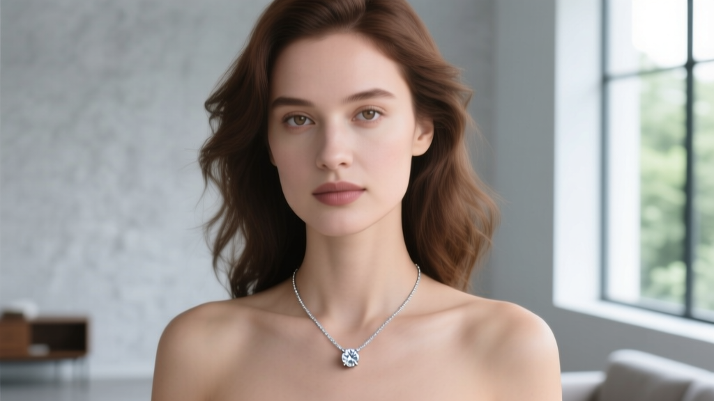 Woman wearing a minimalist solid platinum pendant necklace with a bezel-set lab-grown diamond, soft natural window light