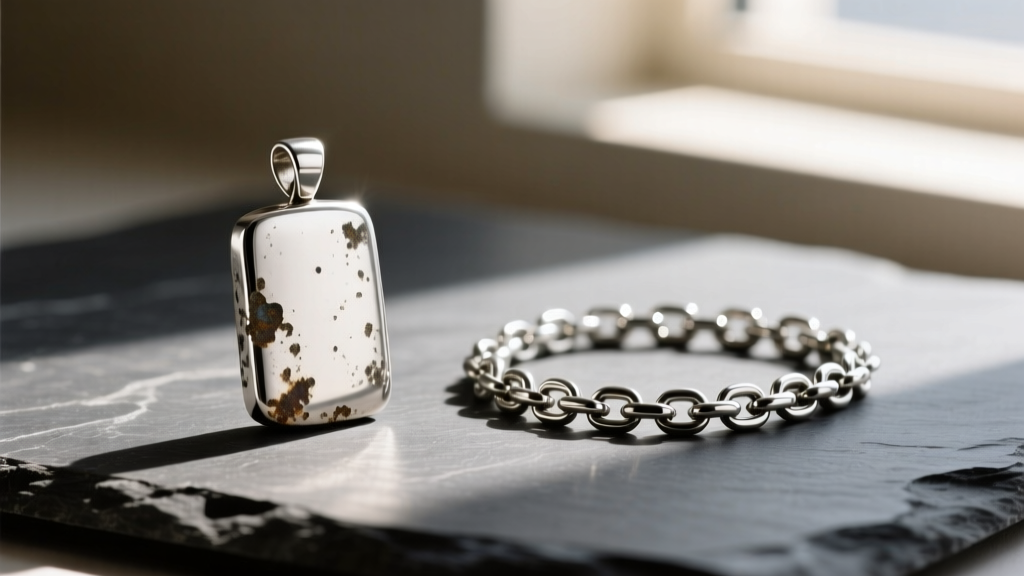 Comparison showing a tarnished sterling silver pendant next to a pristine grade-5 titanium chain resting on a dark slate surface.