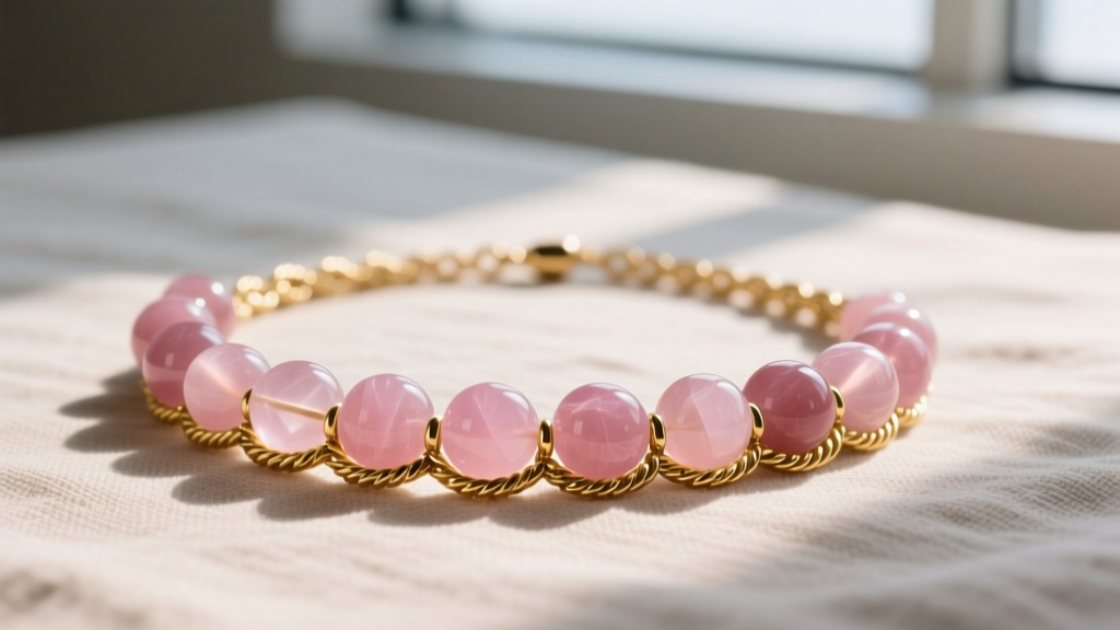 Chunky rose quartz necklace with 12mm pink beads on a thick gold rope chain resting against a soft neutral linen backdrop