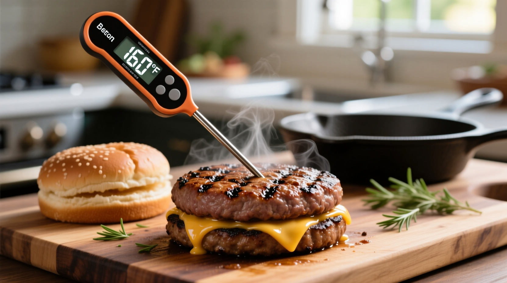 Digital meat thermometer measuring hamburger internal temperature