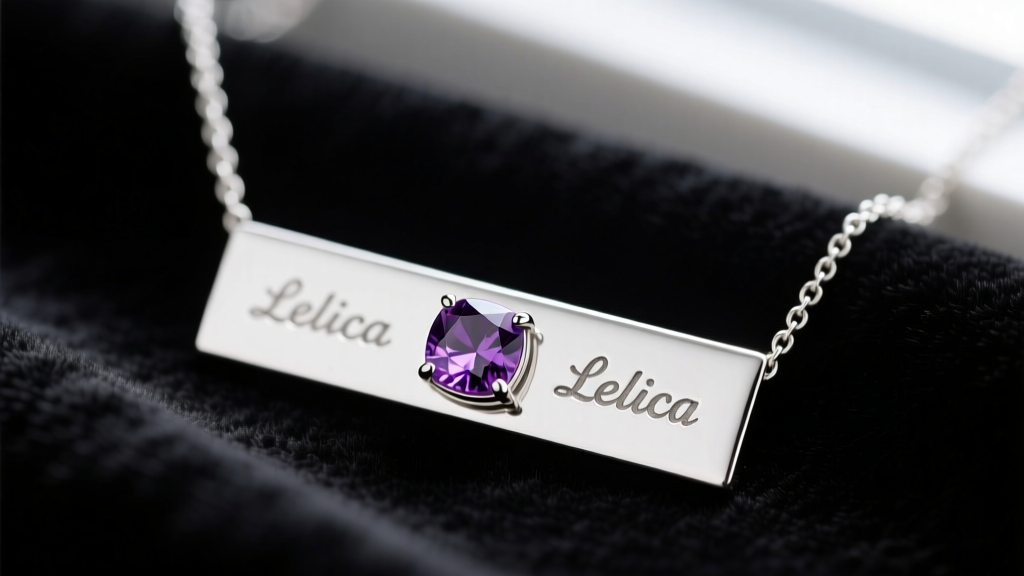 Close-up of a customized sterling silver nameplate necklace with a tiny bezel-set amethyst birthstone charm resting on dark velvet.