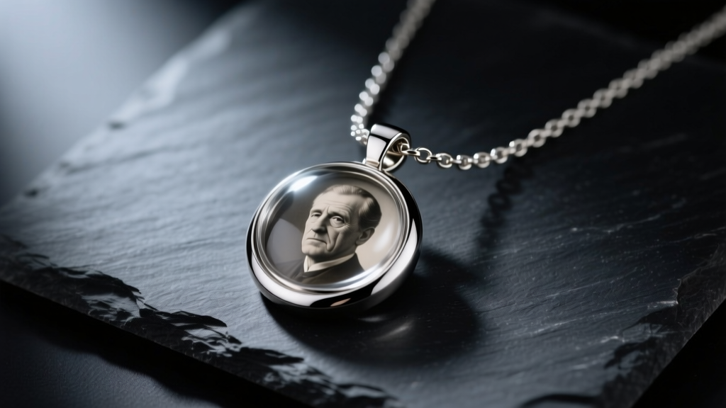 A stainless steel mens picture necklace on dark slate, showing a portrait under a glass dome lit by soft moody studio lighting.