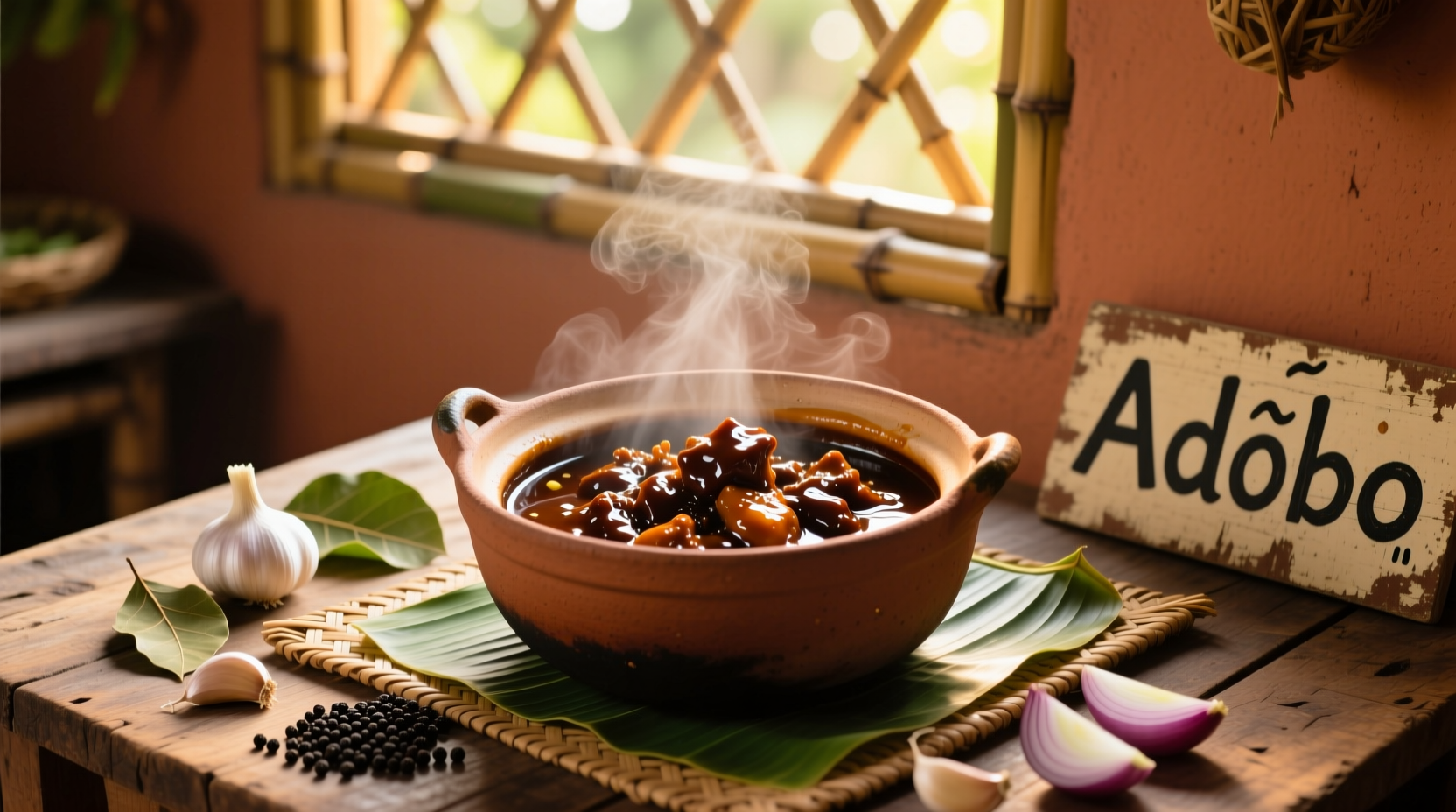 Traditional Filipino adobo simmering in clay pot