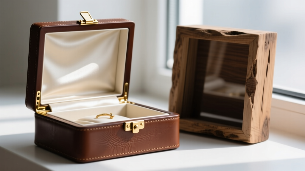 Side profile of premium leather jewelry box with anti-tarnish lining and brass hardware sitting next to rustic DIY wooden shadow box