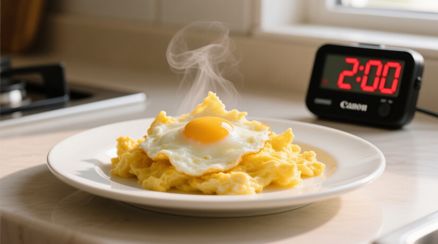 Fresh cooked scrambled eggs on plate with timer showing two hours