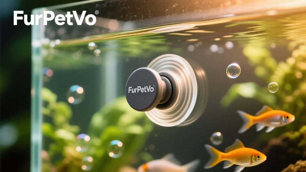 Close-up of a clean aquarium glass surface with a FurPetVo suction cup firmly attached to it