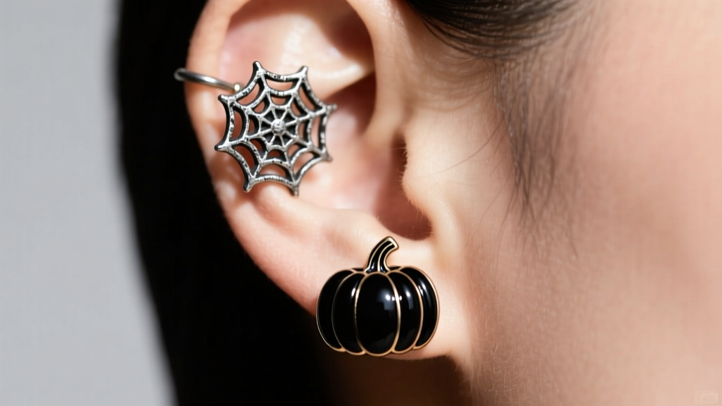 Close-up of a curated ear featuring an 18g oxidized silver spiderweb helix stud and a 20g black enamel pumpkin lobe stud