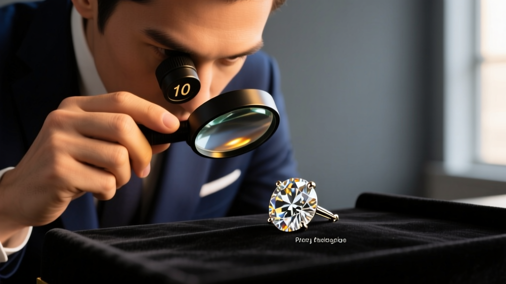 Jeweler inspecting a diamond stud earring with a 10x loupe to reveal internal inclusions and a laser inscription under warm light