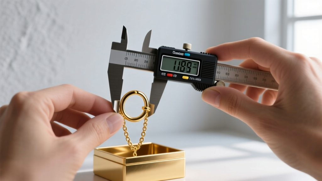 Jeweler using digital calipers to measure the inner diameter of a gold box chain link to ensure a thick ring shank fits