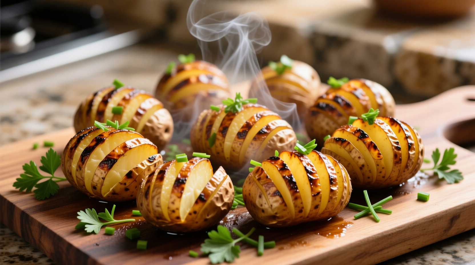 Perfectly roasted hasselback potatoes with herb garnish