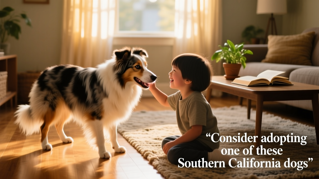A joyful, fluffy Border Collie–Shetland Sheepdog mix playing gently with a child on a sunlit living room floor