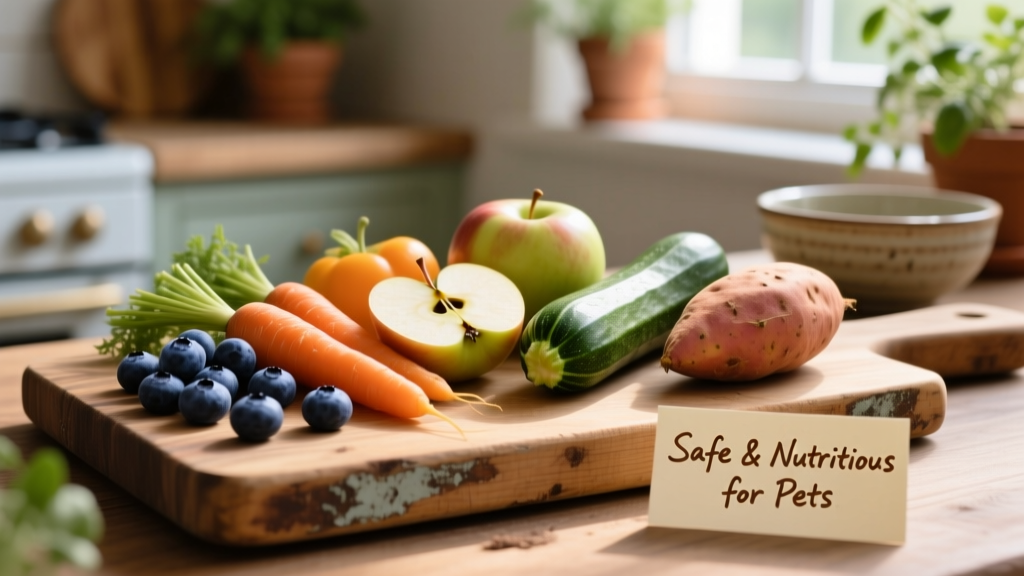 Colorful array of pet-safe fruits and vegetables arranged on a wooden cutting board
