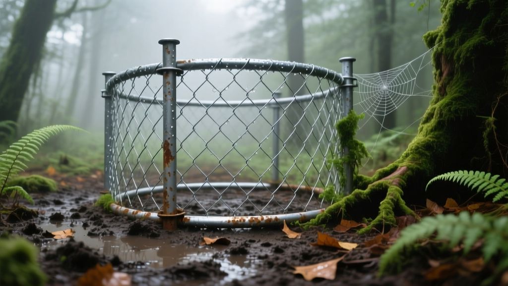Galvanized welded wire mesh and steel T-posts forming a circular corral trap in dense forest underbrush and muddy ground.