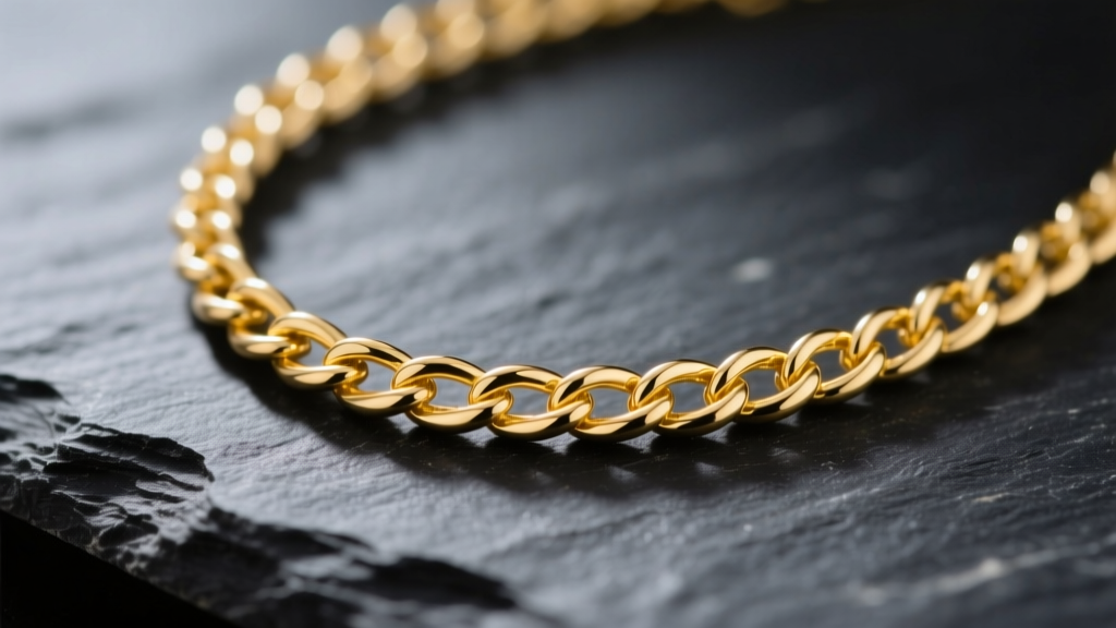 Macro shot of a delicate 14k yellow gold rope chain on dark slate, highlighting the thin, fragile links of light gold jewelry.