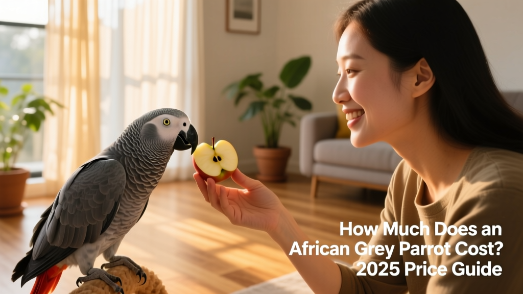 Happy owner gently interacting with an African Grey while offering a piece of apple, both engaged and calm