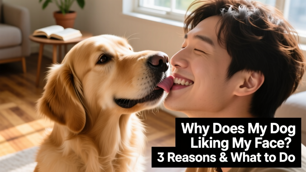 Close-up of a happy dog gently licking a person's cheek