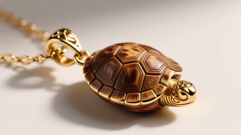 Macro of gold vermeil clasp and chain attached to carved tagua nut pendant mimicking turtle shell patterns under soft studio light