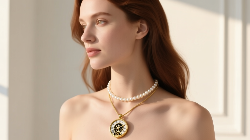 Woman wearing a layered stack featuring a delicate gold Time Turner pendant on a rope chain paired with a simple pearl choker