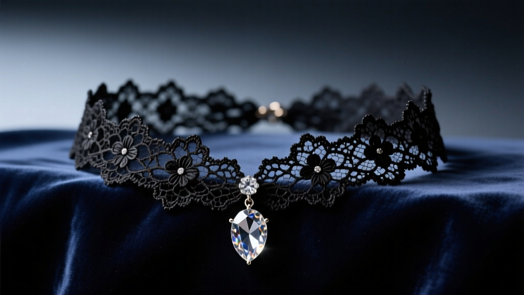 Macro shot of a black Chantilly lace choker necklace with a crystal pendant on dark velvet under soft moody studio lighting.