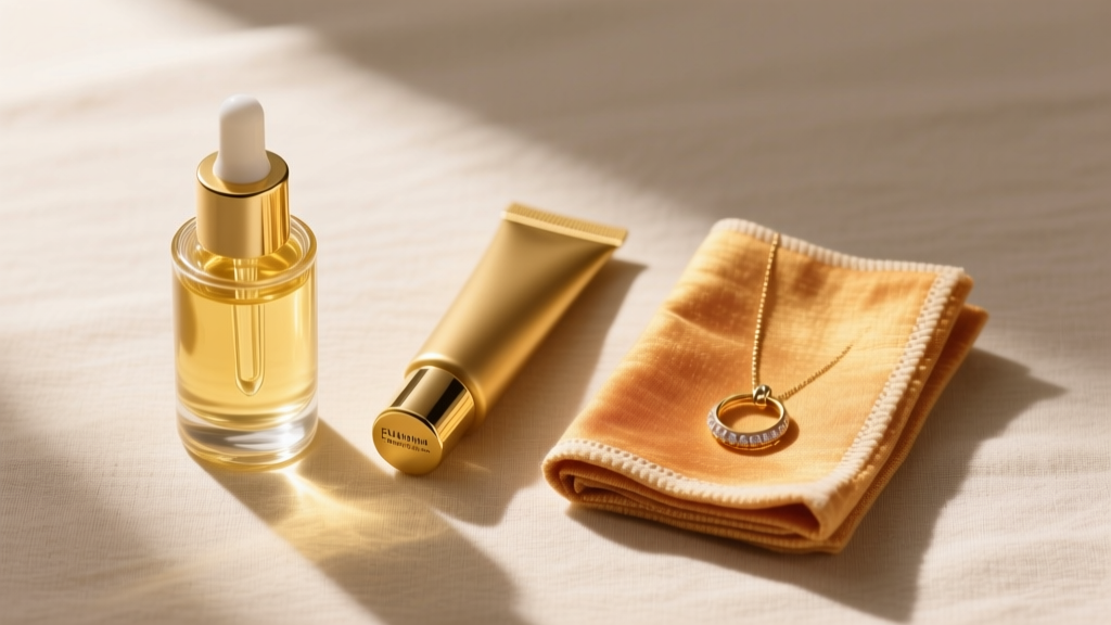 Flat lay of three gold jewelry polish items: a liquid dip bottle, a rouge paste tube, and a treated impregnated polishing cloth.