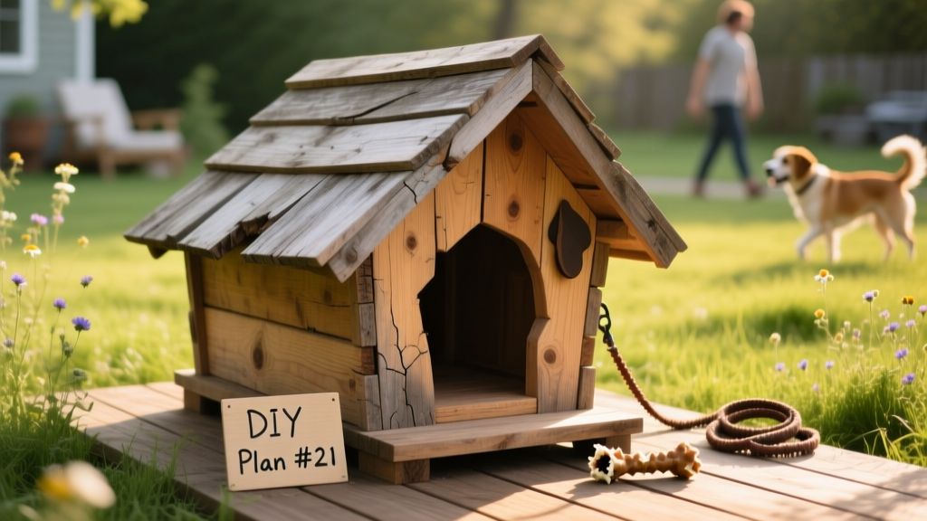 Side view of the Crooked Charm dog house showing its angled roofline and rustic wood finish