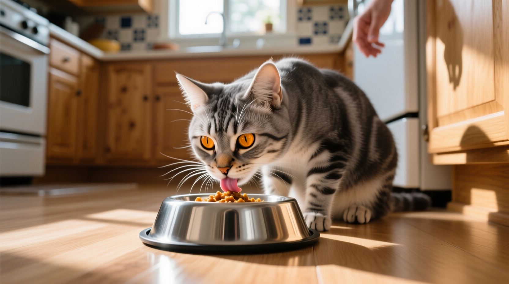 Cat eating from stainless steel food bowl