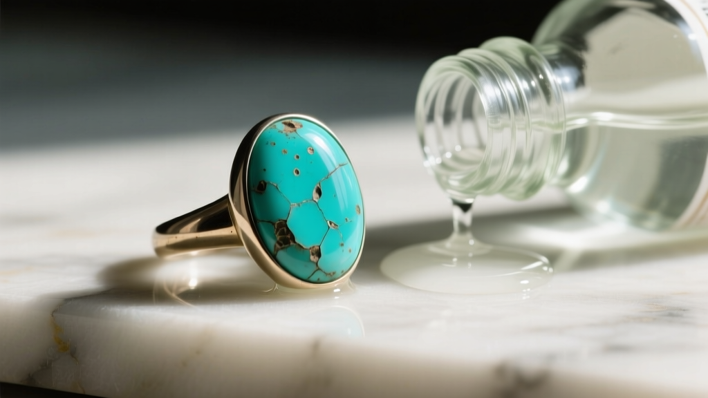 Close-up of a damaged, dull turquoise cabochon ring with visible surface pitting, placed next to a spilled bottle of white vinegar