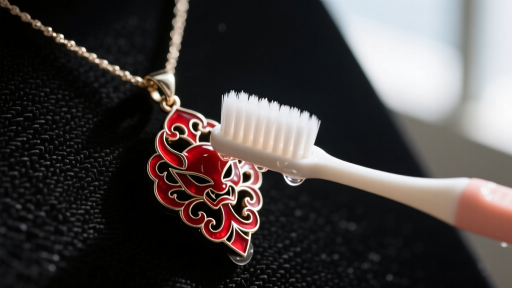 Soft-bristled toothbrush gently cleaning intricate red enamel details of an akuma necklace pendant with mild soapy water on a dark mat.
