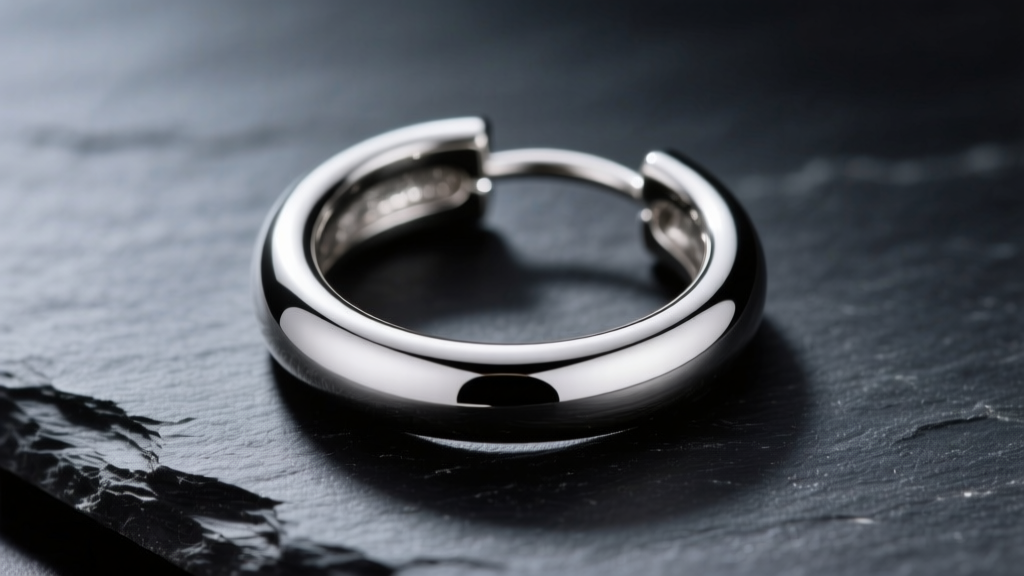 Macro shot of a polished sterling silver continuous hoop earring on dark slate, highlighting the seamless segment closure mechanism.