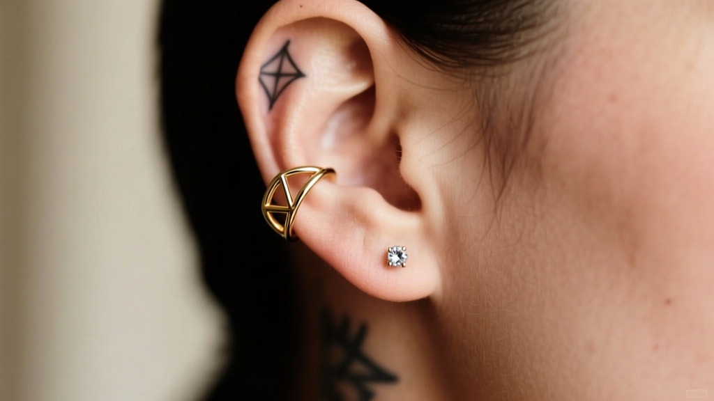 Profile of a fine-line earring tattoo behind the ear, styled with a delicate 14k gold helix cuff and a tiny diamond lobe stud