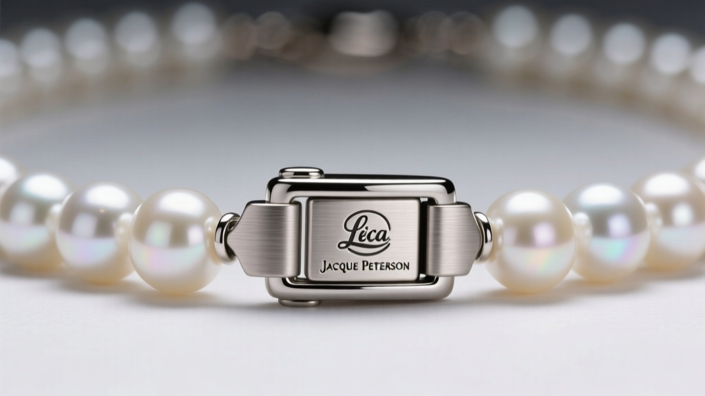 Macro shot of a micro-laser engraved hallmark on the brushed titanium tension clasp of an authentic Jacque Peterson pearl necklace