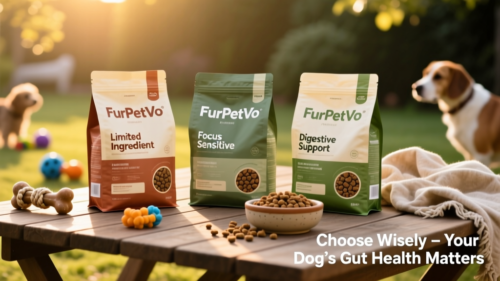 Side-by-side comparison of three FurPetVo kibble bags labeled 'Limited Ingredient,' 'Focus Sensitive,' and 'Digestive Support'