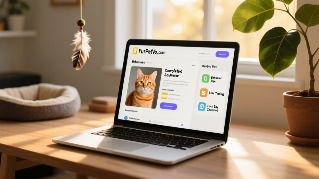 A laptop screen showing the FurPetVo.com Rehome dashboard with a completed cat profile, active applications, and helpful tips sidebar