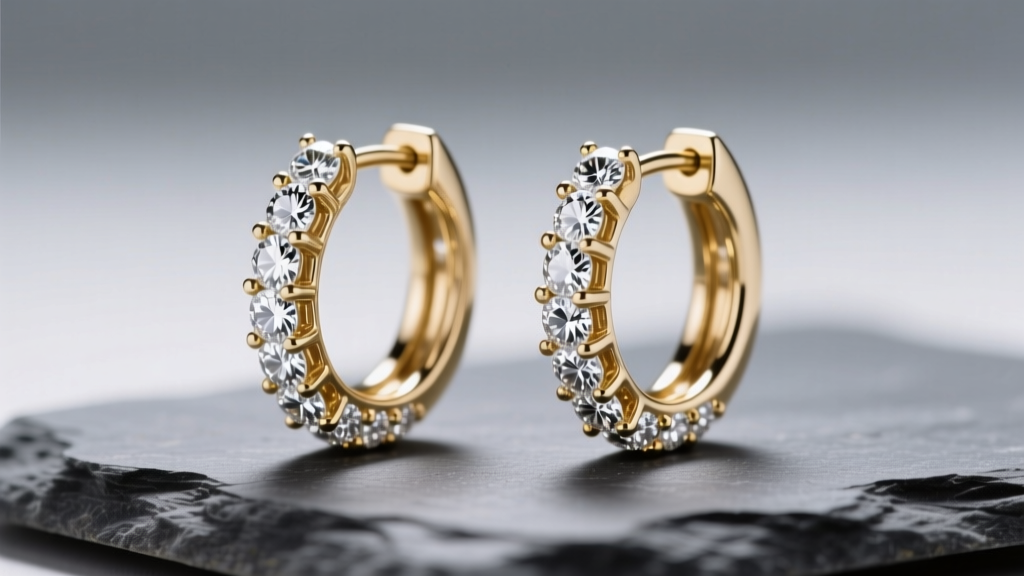 Macro shot of white gold pave hoop earrings on slate, showing micro-prong settings and brilliant stones under soft studio light.