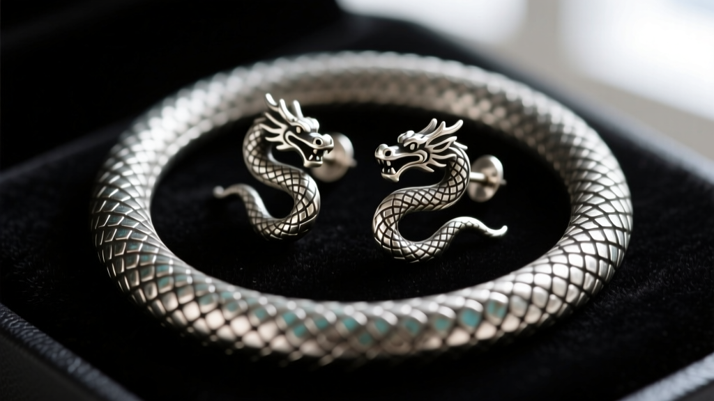 Macro shot of oxidized sterling silver ouroboros dragon stud earrings on black velvet, highlighting intricate scale textures.