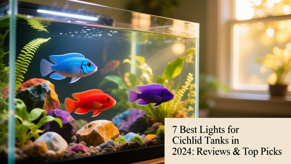 A brightly lit cichlid tank with vividly colored fish swimming near colorful rocks and live plants