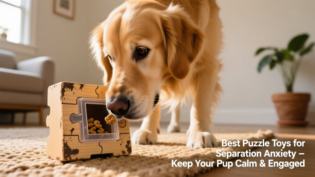 A dog intently working on a puzzle toy with treats visible in compartments
