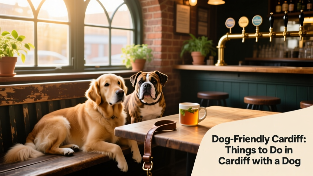 Two friendly dogs relaxing side-by-side inside a cozy, sunlit dog-friendly pub