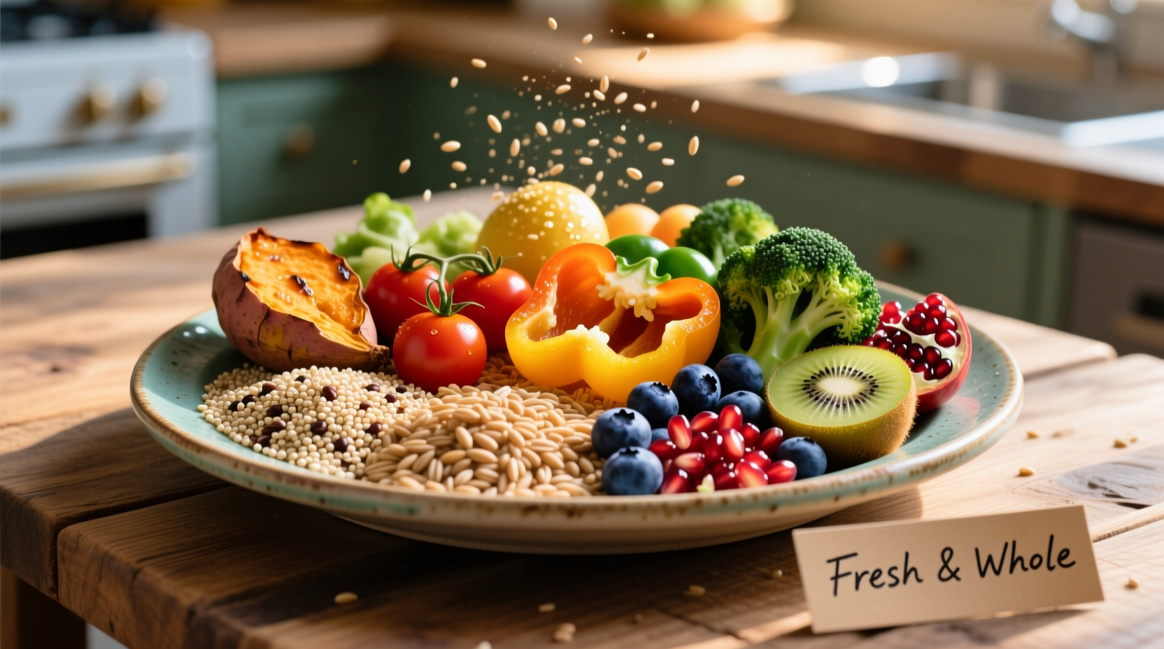 Colorful plate of whole grains, vegetables and fruits