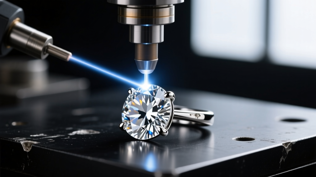 Macro shot of a laser welder repairing a worn 950 platinum prong on a large pear-shaped diamond pendant against a dark workbench.