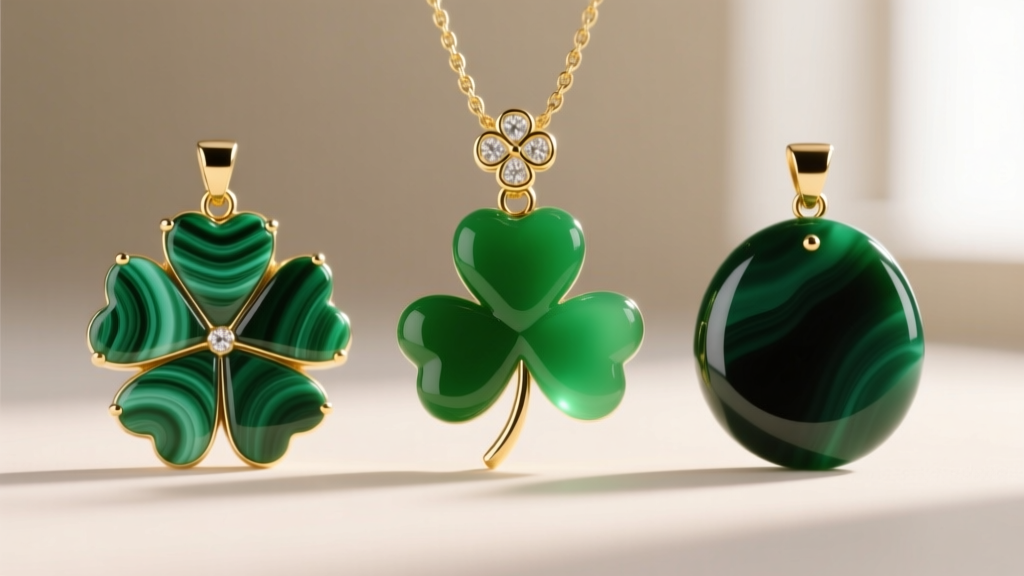 Macro view of three green clover pendants: banded malachite left, solid chrysoprase center, and dyed onyx right.