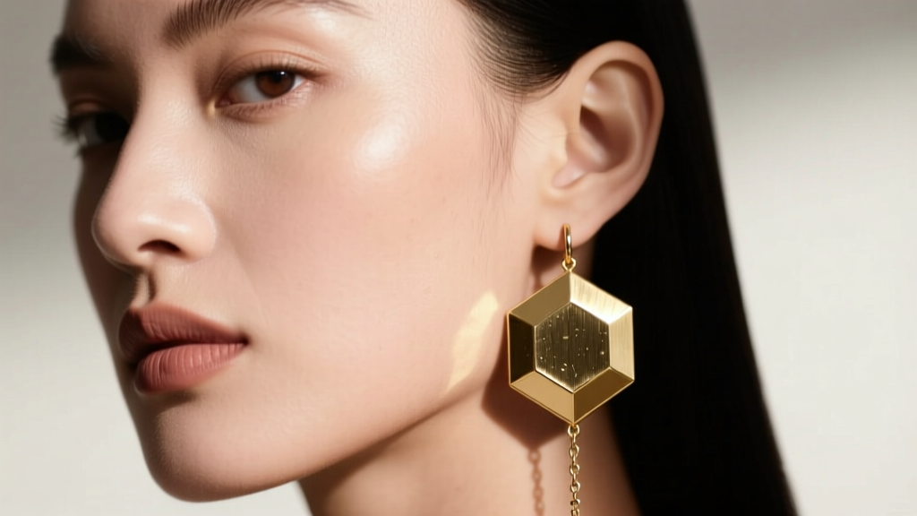 Close-up of a model wearing brushed brass hexagon geometric drop earrings, soft studio lighting highlighting sharp angular edges.