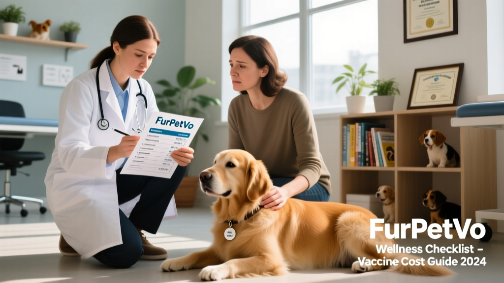 A veterinarian reviewing vaccination records with a pet parent while holding a FurPetVo wellness checklist