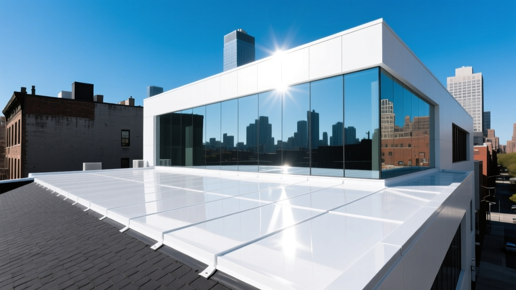 Highly reflective white TPO membrane roofing on a modern commercial building contrasting with dark asphalt roofs in a sunny urban setting