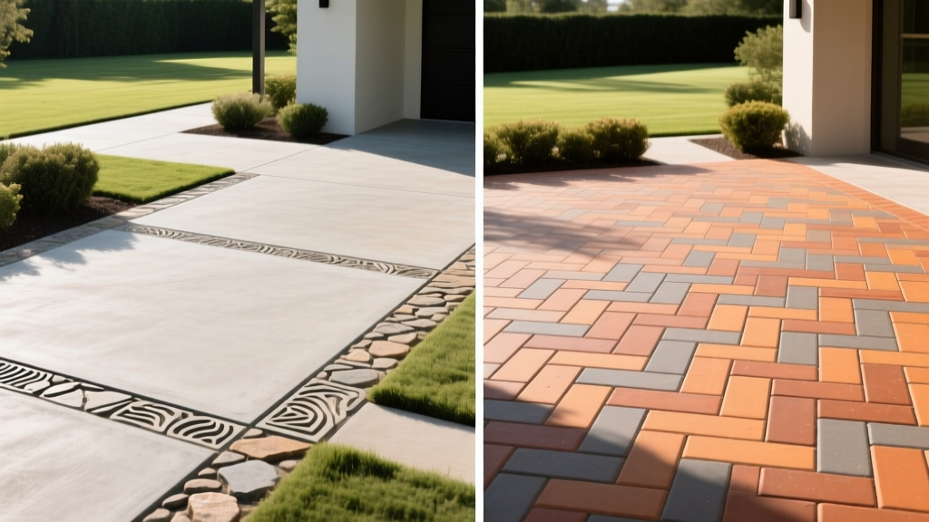 Split-screen comparison showing a poured concrete driveway with stamped borders on the left and a herringbone clay paver patio on the right