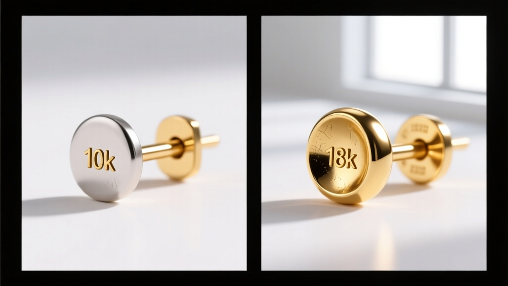 Side-by-side macro comparison of a pale 10k gold earring post and a rich 18k gold post against a clean white background.